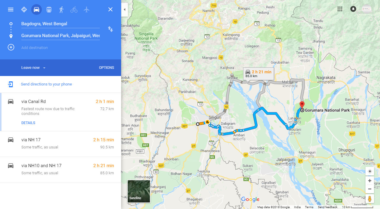 Bagdogra to Gorumara National Park Distance By Car - Route Map