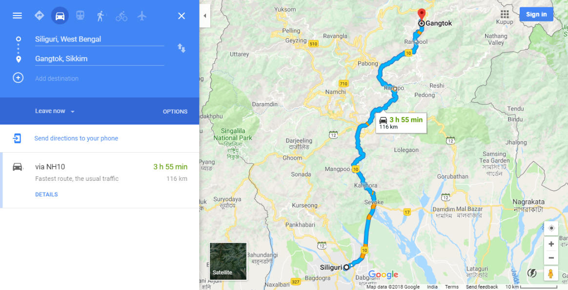 Car Route. Siliguri to Gangtok Sikkim