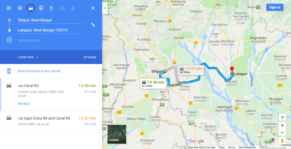 Siliguri to Lataguri by Car- Route Map