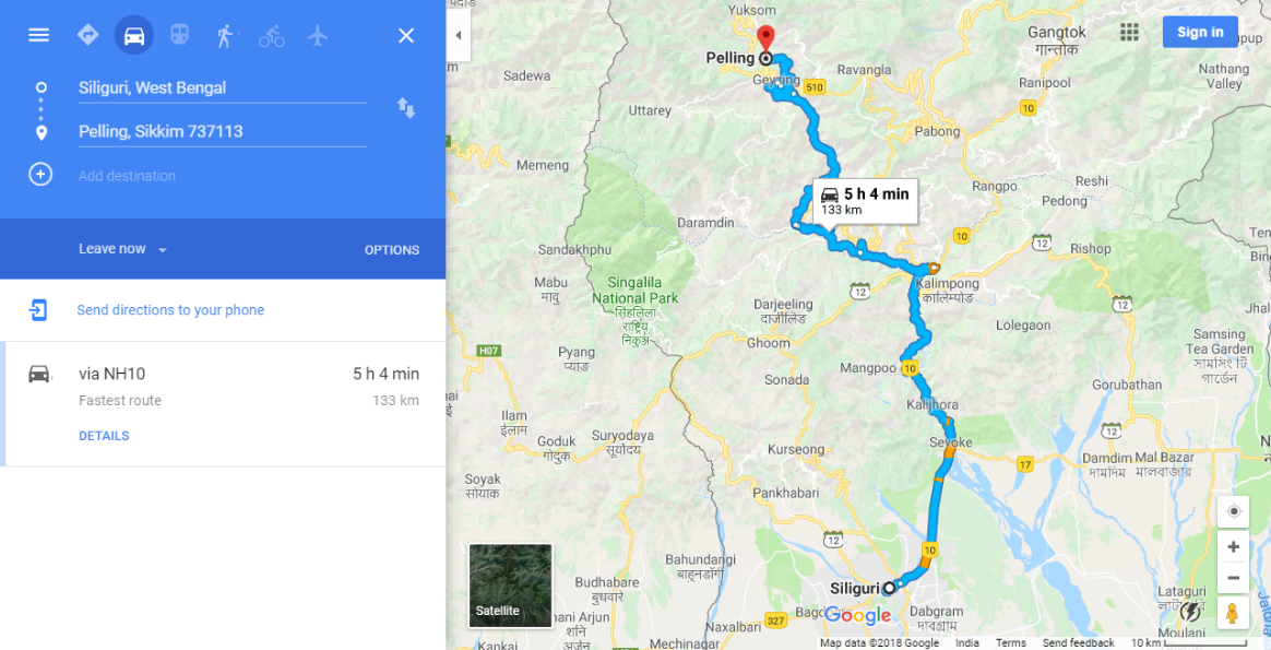 Siliguri to Pelling by Car - Route Map