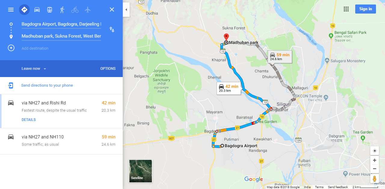 Bagdogra Airport to Madhuban Park, Sukna Forest by Car or Taxi - Distance and Route map