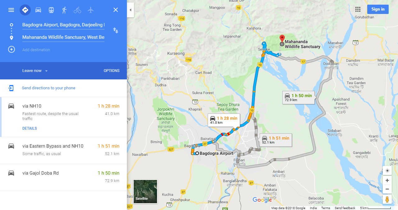 Bagdogra Airport to Mahananda Wildlife Sanctuary by Car or Taxi - Distance and Route map