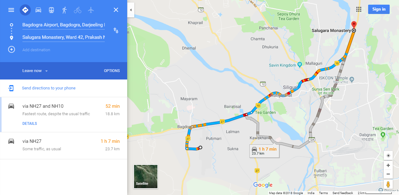 Bagdogra Airport to Salugara Monastery Siliguri by Car or Taxi - Route Map