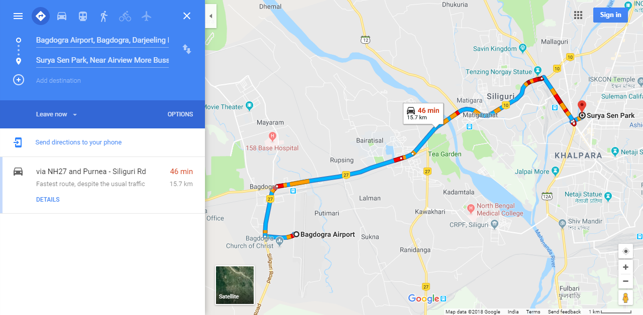 Bagdogra Airport to Surya Sen Park Siliguri by Car or Taxi - Distance and Route map