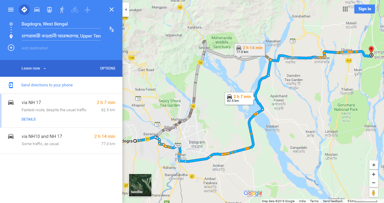 Bagdogra to Chapramari Distance, Driving Route Map