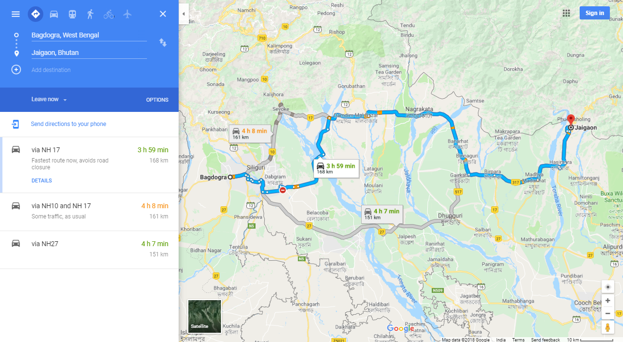 Bagdogra to Jaigon Route Map